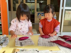 焼き芋準備をする2歳児の姿